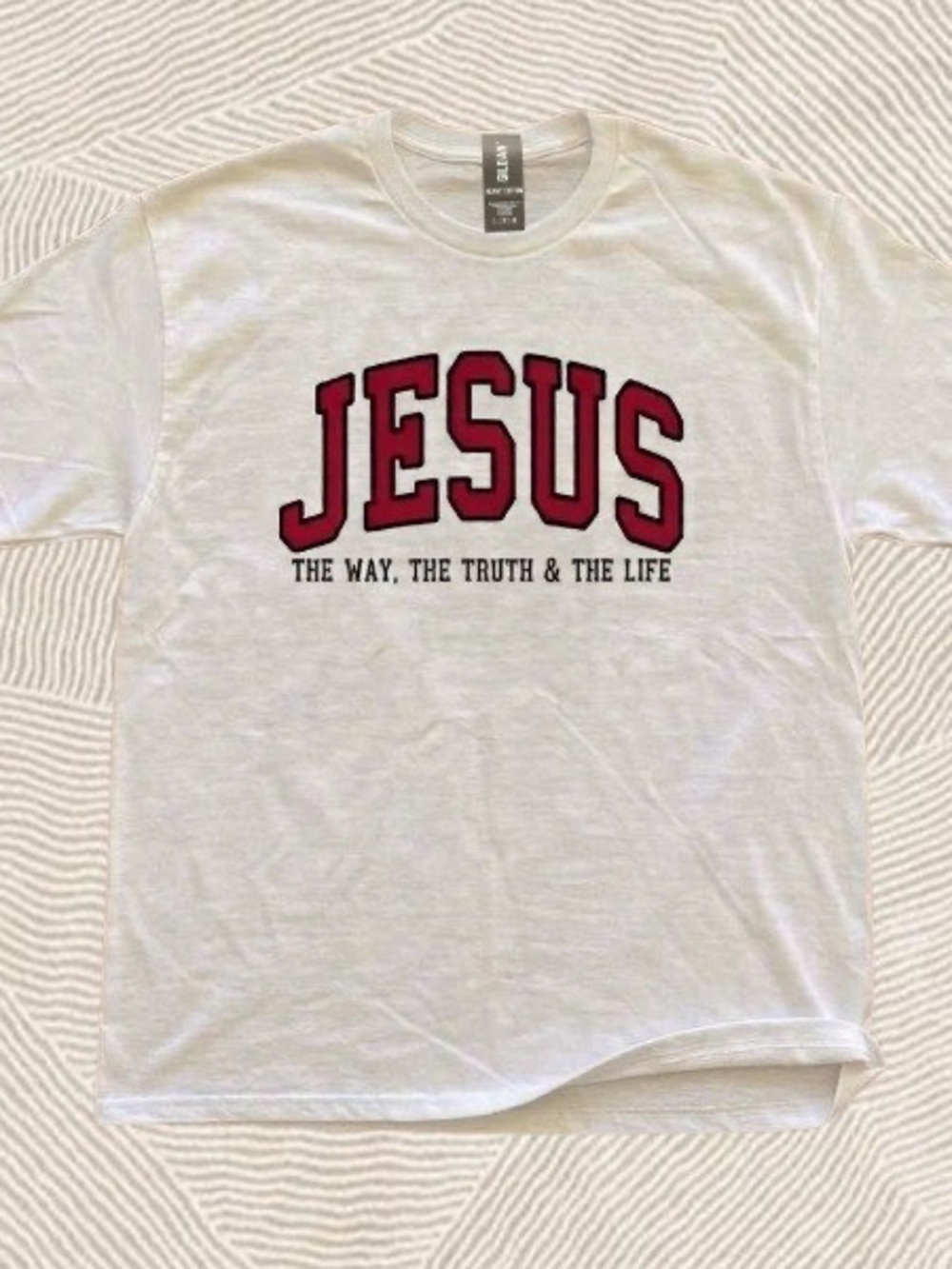 Gildan White JESUS Graphic Tee with Red Lettering